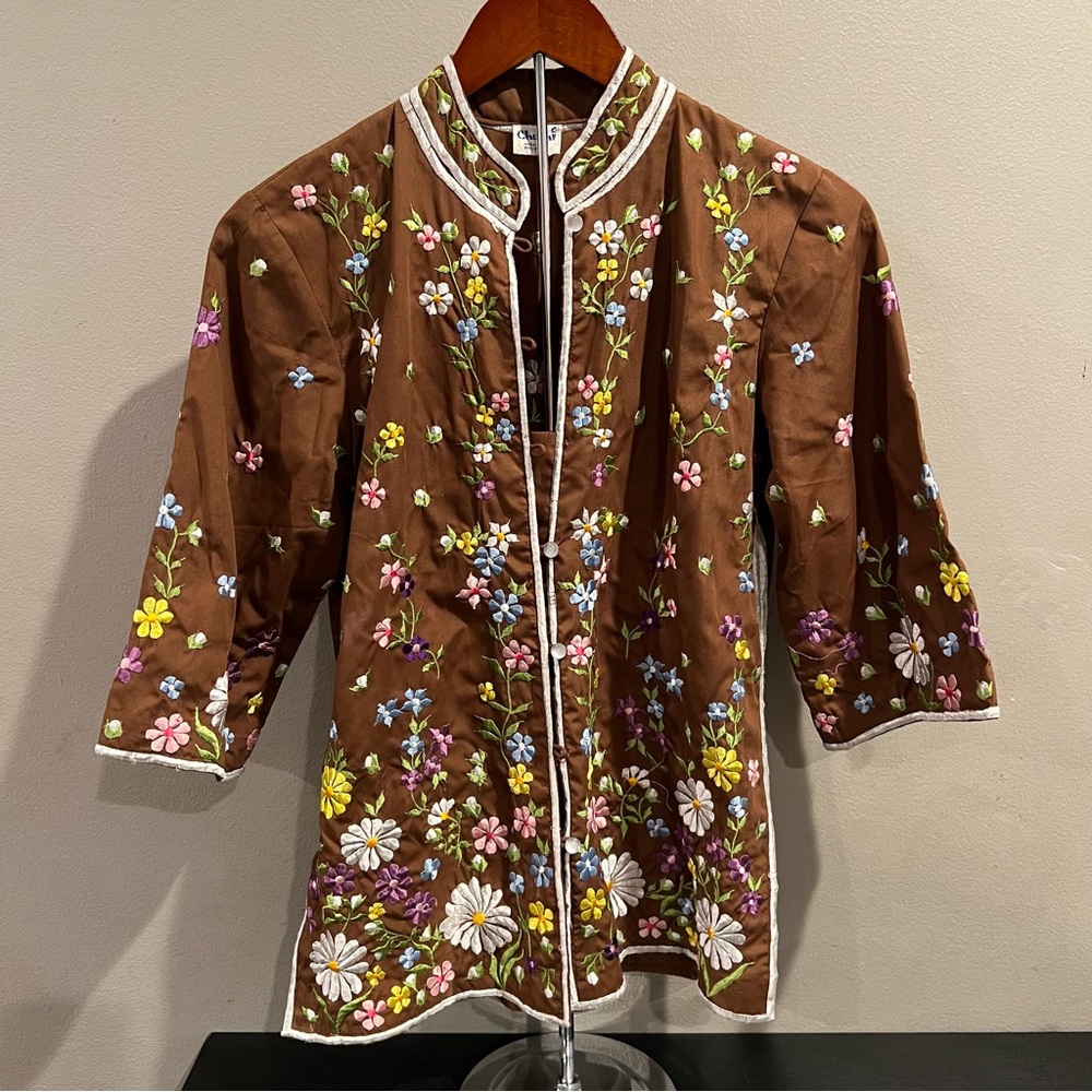Vintage Chuchi Top Blouse Embroidered flower power Brown Tunic Jacket Boho S